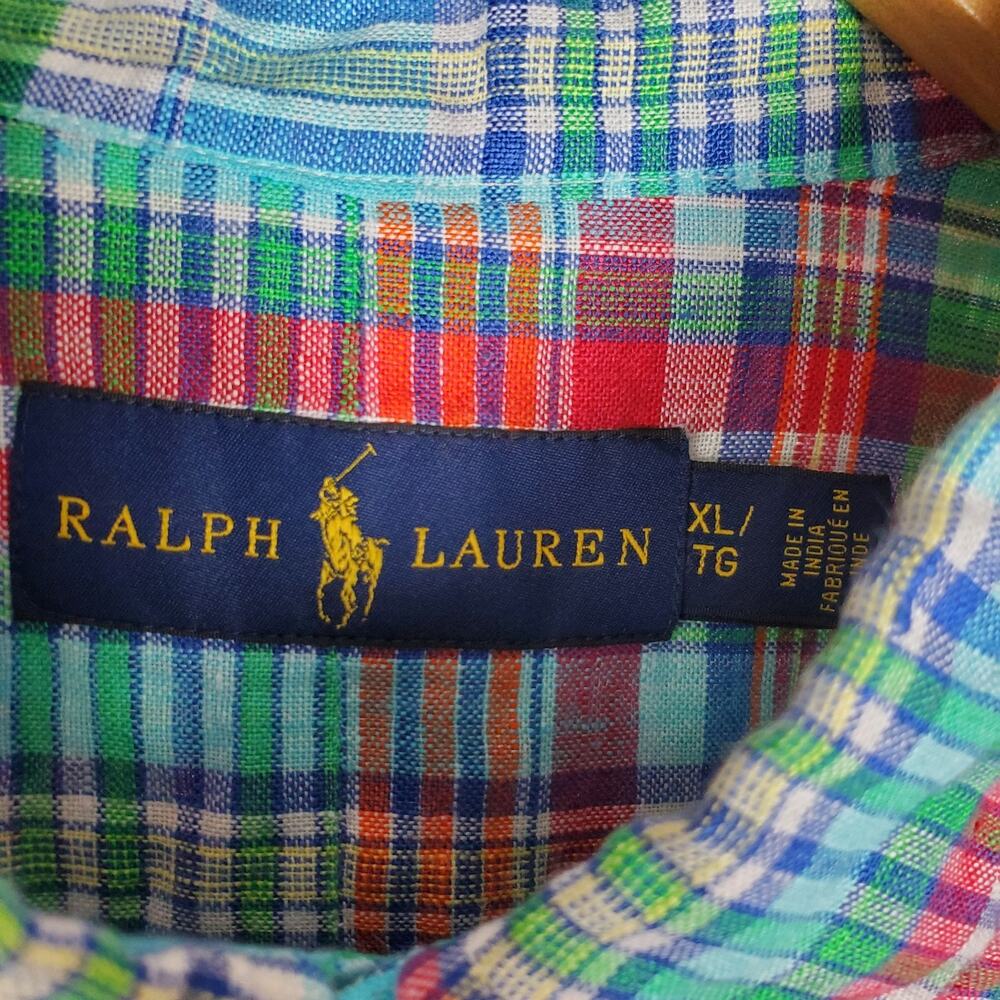 Ralph Lauren 100% Linen Shirt Mens XL Plaid Short Sleeve Button Down Multi Color - Picture 8 of 11